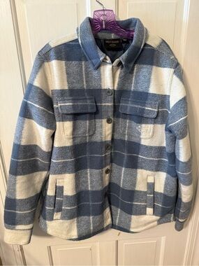 Harley-Davidson Women's Onwards Jacket in the "Dusty Blue" plaid colorway.